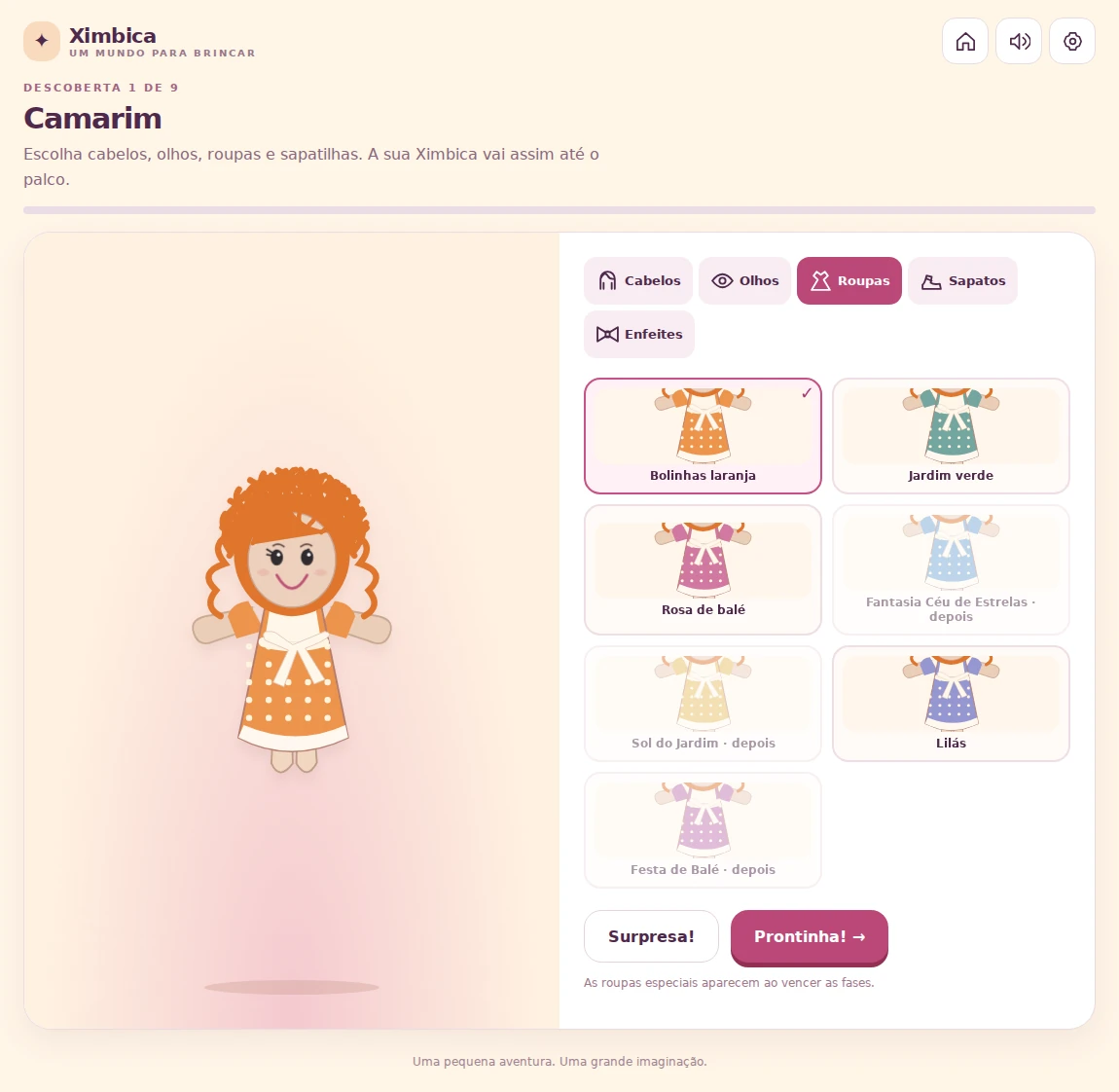 Tela real do Camarim, com a boneca e opções de roupas